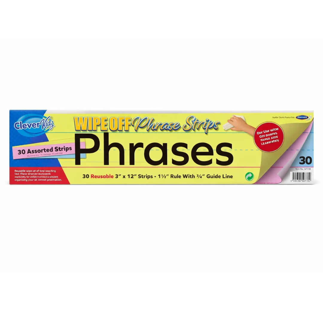 Clever Kidz Coloured Wipe-Off Phrase Strips 3 x 12 Inch Pack of 30
