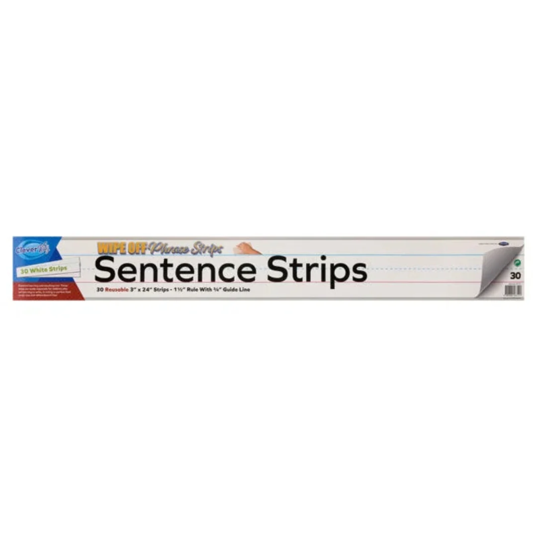 Clever Kidz White Wipe-Off Reusable Sentence Strips 3 x 24 Inch Pack of 30