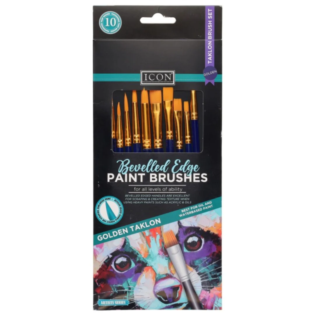 Icon Paint Brush Set Golden Taklon Beveled Edge 10 Piece