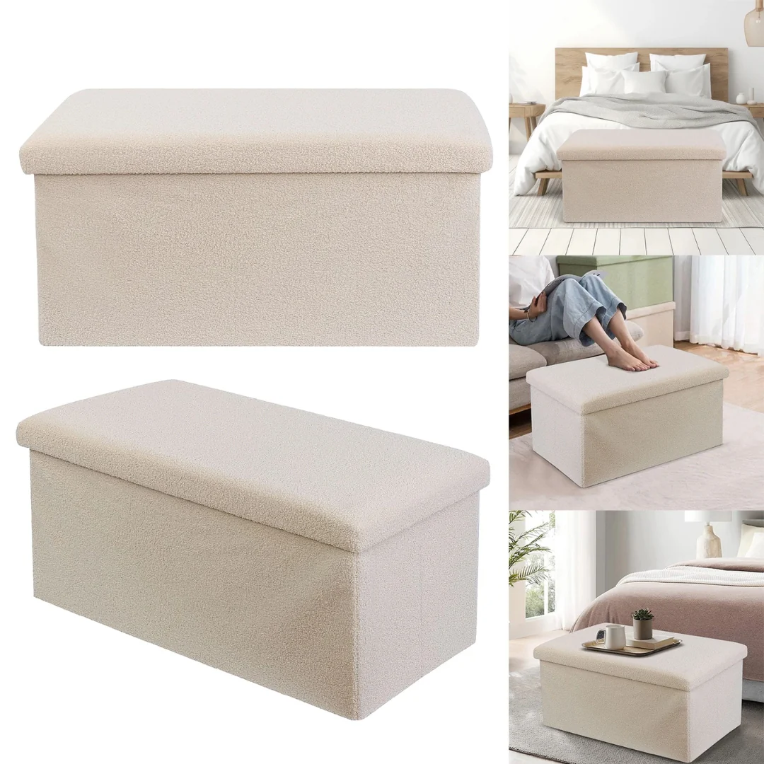 Large Teddy Boucle Fabric Ottoman Storage Box Bench Stool Foldable Chest Cream