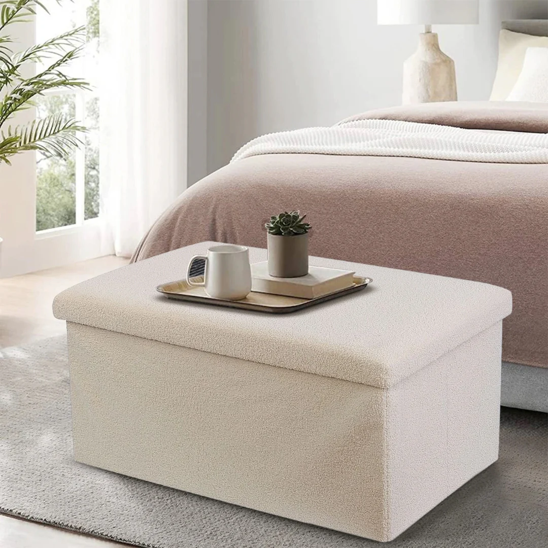 Large Teddy Boucle Fabric Ottoman Storage Box Bench Stool Foldable Chest Cream - Image 2