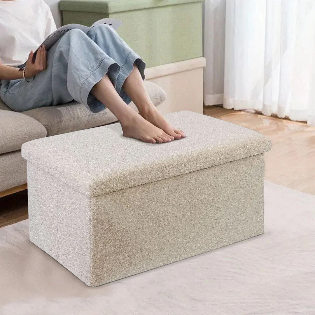 Large Teddy Boucle Fabric Ottoman Storage Box Bench Stool Foldable Chest Cream - Image 5