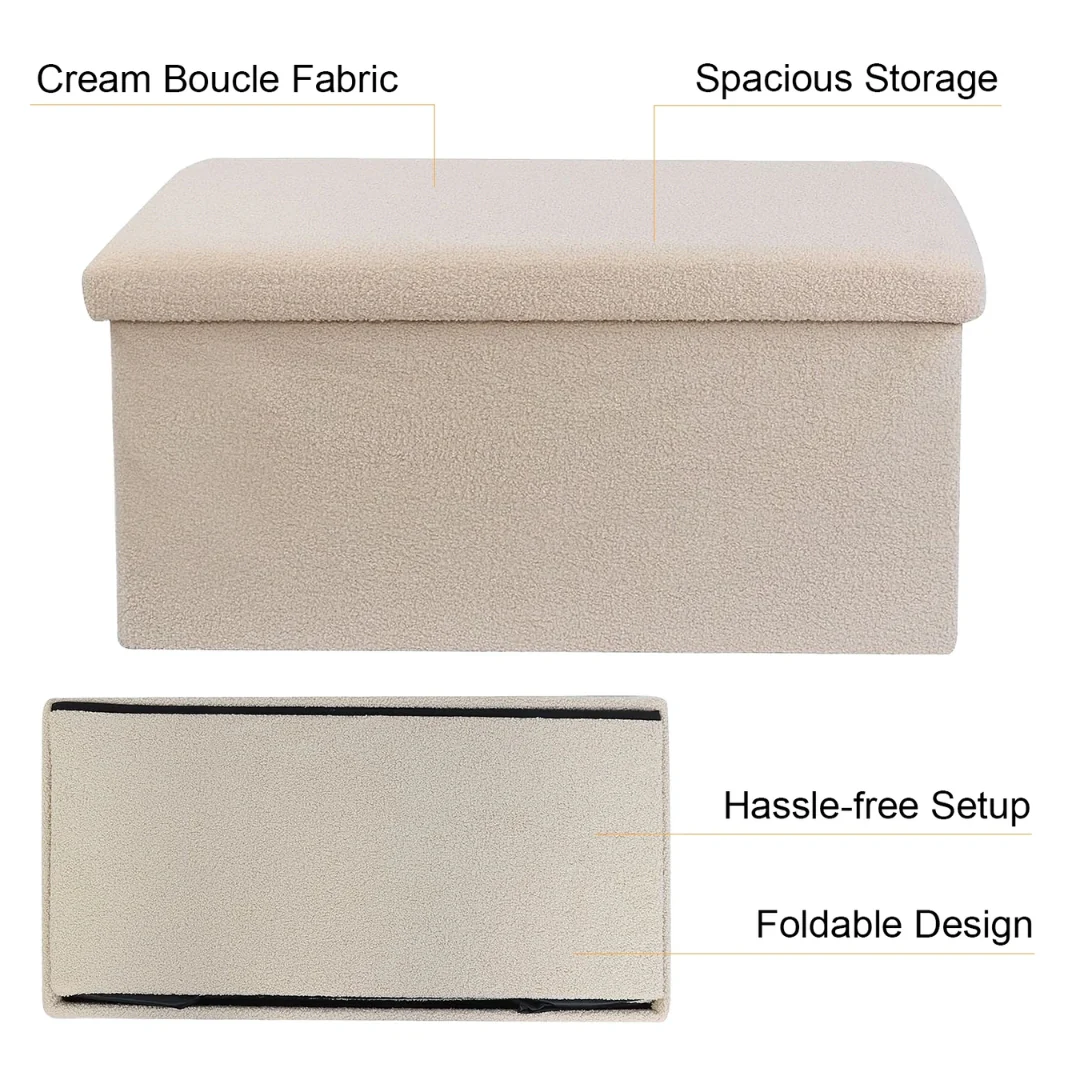 Large Teddy Boucle Fabric Ottoman Storage Box Bench Stool Foldable Chest Cream - Image 7