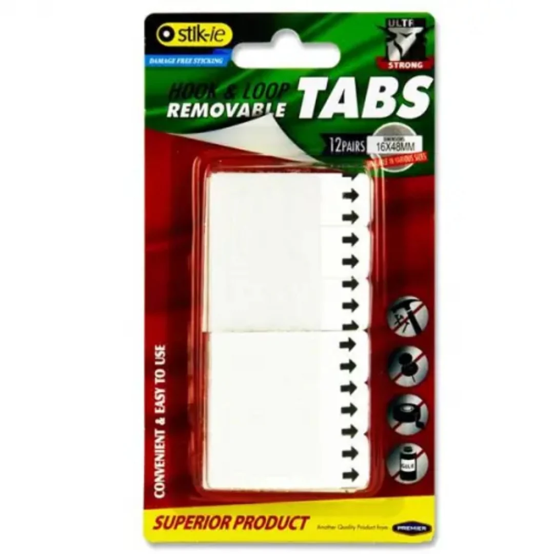 Stik-ie Removable Hook and Loop Tabs 16x48mm 12pk